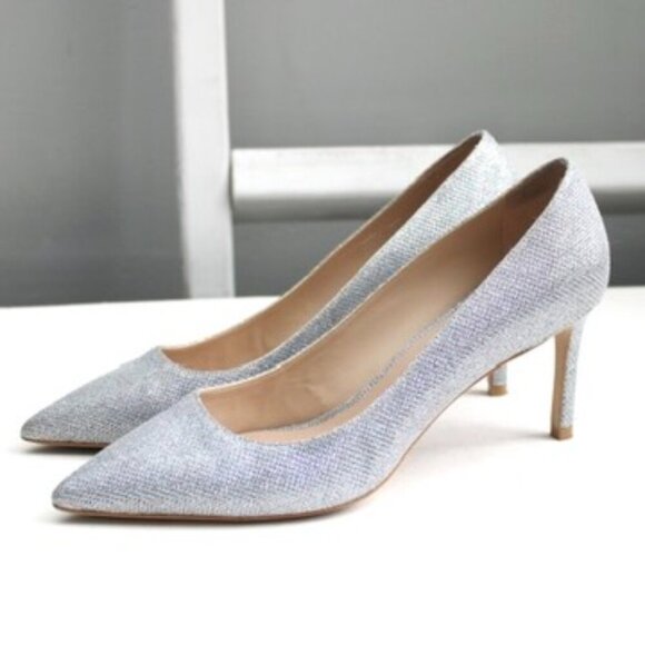 Stuart Weitzman Silver Leigh Metallic Stiletto Pointy Toe Pumps Size 9.5 - Picture 2 of 8